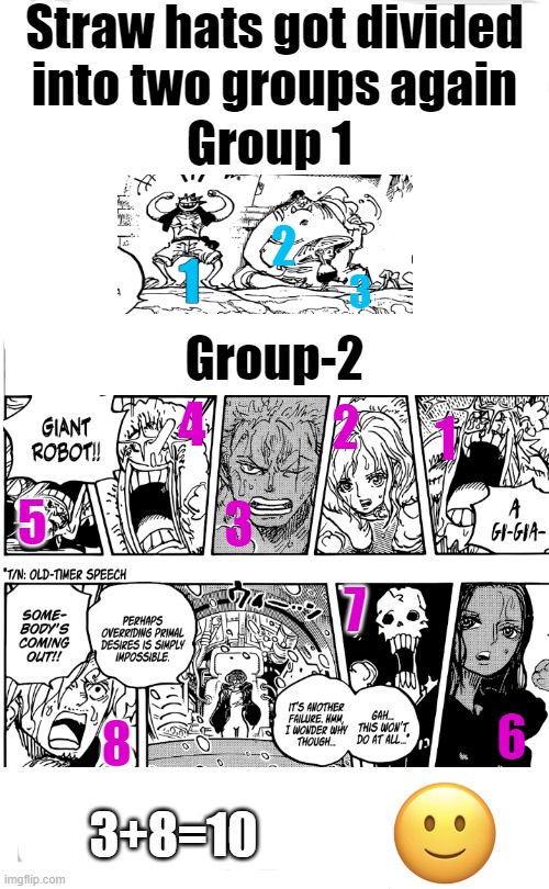 11th member of straw hats | Straw hats got divided into two groups again; Group 1; 2; 1; 3; Group-2; 4; 2; 1; 3; 5; 7; 6; 8; 3+8=10 | image tagged in nintendo switch,one piece,anime meme,chapter 1061 meme,new straw hats meme | made w/ Imgflip meme maker