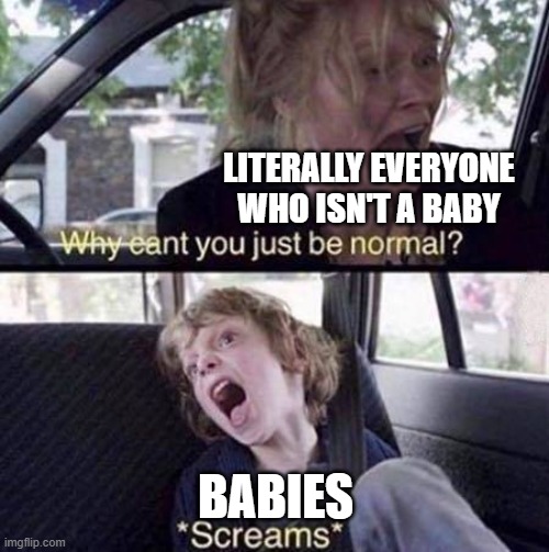 Why Can't You Just Be Normal | LITERALLY EVERYONE WHO ISN'T A BABY BABIES | image tagged in why can't you just be normal | made w/ Imgflip meme maker