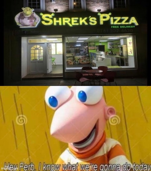 Off to Shrek’s pizza | image tagged in hey ferb,shrek,pizza | made w/ Imgflip meme maker