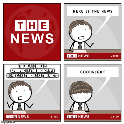 the news | THERE ARE ONLY 2 GENDERS, IF YOU DISAGREE, I DONT CARE THOSE ARE THE FACTS | image tagged in the news | made w/ Imgflip meme maker