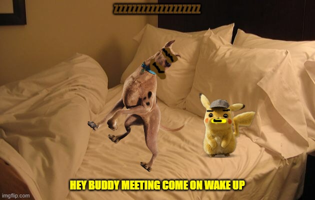 scooby before the meeting | ZZZZZZZZZZZZZZZZZZZ; HEY BUDDY MEETING COME ON WAKE UP | image tagged in bed,warner bros,dogs,mice,wake up | made w/ Imgflip meme maker