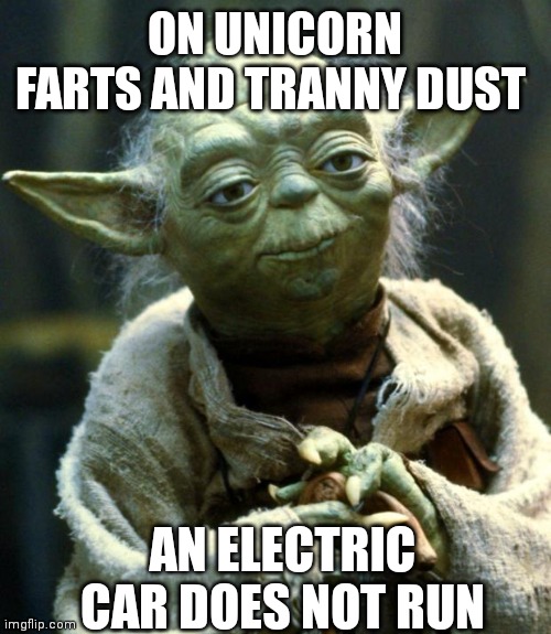 Star Wars Yoda |  ON UNICORN FARTS AND TRANNY DUST; AN ELECTRIC CAR DOES NOT RUN | image tagged in memes,star wars yoda | made w/ Imgflip meme maker
