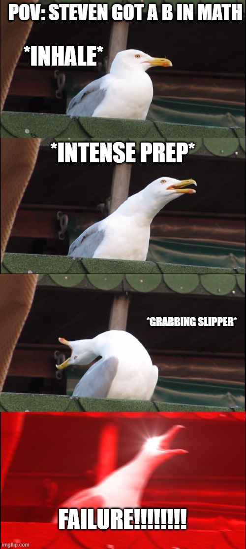 Inhaling Seagull Meme | POV: STEVEN GOT A B IN MATH; *INHALE*; *INTENSE PREP*; *GRABBING SLIPPER*; FAILURE!!!!!!!! | image tagged in memes,inhaling seagull | made w/ Imgflip meme maker