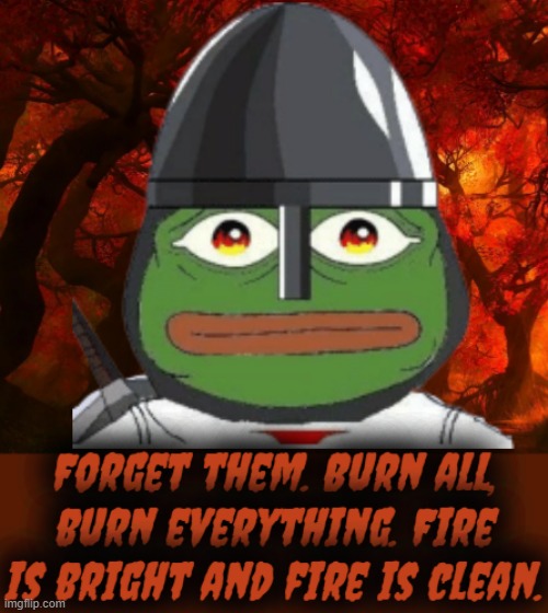 pepe watching it burn | image tagged in rmk,pepe fire,burn pepe,fahrenheit 451 | made w/ Imgflip meme maker