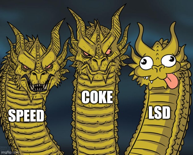 Three-headed Dragon | COKE; LSD; SPEED | image tagged in three-headed dragon | made w/ Imgflip meme maker