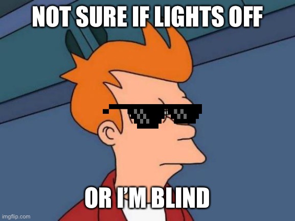 Futurama Fry Meme | NOT SURE IF LIGHTS OFF; OR I’M BLIND | image tagged in memes,futurama fry | made w/ Imgflip meme maker