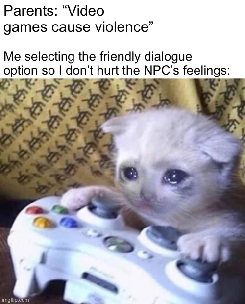 can’t hurt the npc’s feelings | Parents: “Video games cause violence”; Me selecting the friendly dialogue option so I don’t hurt the NPC’s feelings: | image tagged in memes,gaming | made w/ Imgflip meme maker