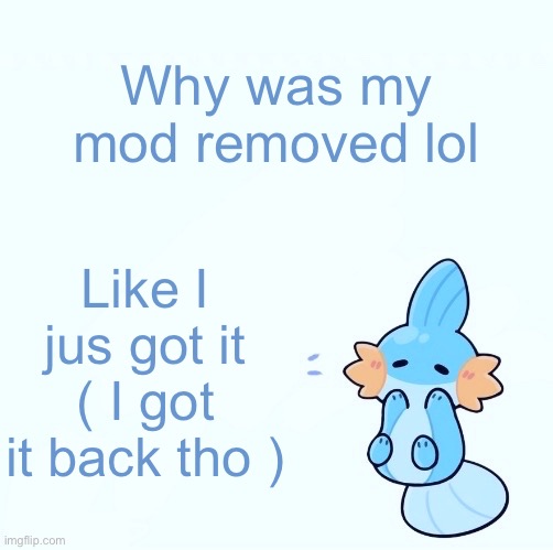 Mudkip announcement temp | Why was my mod removed lol; Like I jus got it
( I got it back tho ) | image tagged in mudkip announcement temp | made w/ Imgflip meme maker