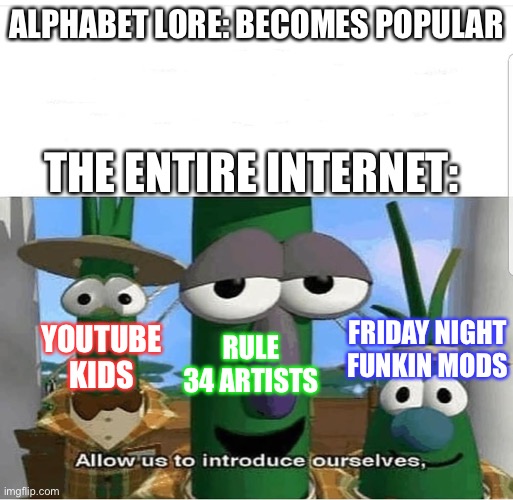 This is what happens when people appreciate something a bit too much | ALPHABET LORE: BECOMES POPULAR; THE ENTIRE INTERNET:; FRIDAY NIGHT FUNKIN MODS; YOUTUBE KIDS; RULE 34 ARTISTS | image tagged in allow us to introduce ourselves,alphabet lore,rule 34,youtube kids,friday night funkin,memes | made w/ Imgflip meme maker