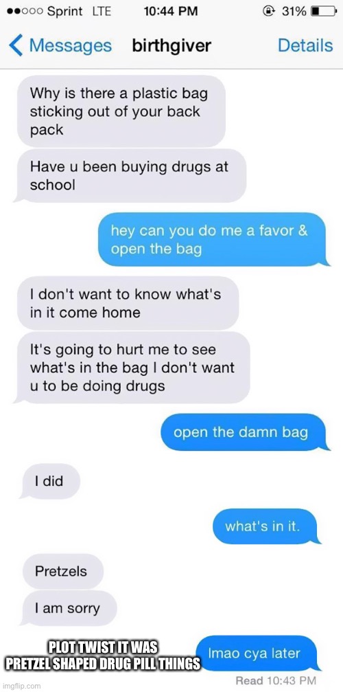um. | PLOT TWIST IT WAS PRETZEL SHAPED DRUG PILL THINGS | made w/ Imgflip meme maker