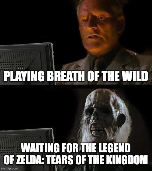 I'll Just Wait Here Meme | PLAYING BREATH OF THE WILD; WAITING FOR THE LEGEND OF ZELDA: TEARS OF THE KINGDOM | image tagged in memes,i'll just wait here | made w/ Imgflip meme maker