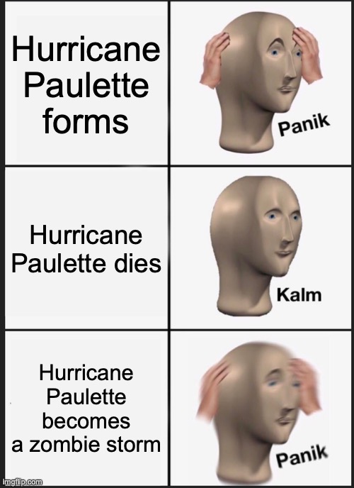 Zombie storm Paulette | Hurricane Paulette forms; Hurricane Paulette dies; Hurricane Paulette becomes a zombie storm | image tagged in memes,panik kalm panik | made w/ Imgflip meme maker