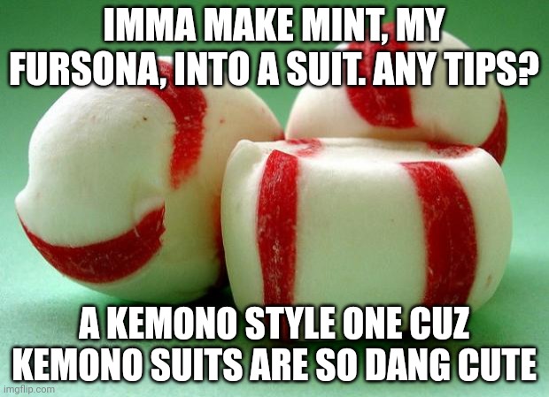Mints | IMMA MAKE MINT, MY FURSONA, INTO A SUIT. ANY TIPS? A KEMONO STYLE ONE CUZ KEMONO SUITS ARE SO DANG CUTE | image tagged in mints | made w/ Imgflip meme maker