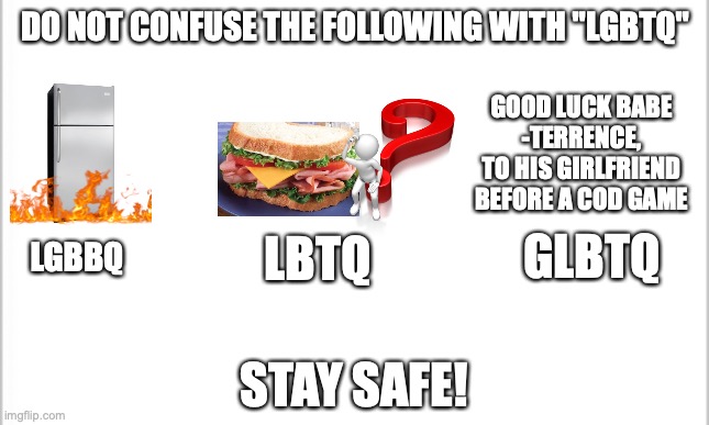 handy little guide I made | DO NOT CONFUSE THE FOLLOWING WITH "LGBTQ"; GOOD LUCK BABE
-TERRENCE, TO HIS GIRLFRIEND BEFORE A COD GAME; GLBTQ; LBTQ; LGBBQ; STAY SAFE! | image tagged in white background | made w/ Imgflip meme maker