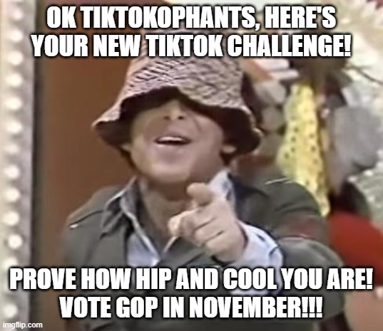 And if you're not hip and cool, you vote in December! | OK TIKTOKOPHANTS, HERE'S YOUR NEW TIKTOK CHALLENGE! PROVE HOW HIP AND COOL YOU ARE!

VOTE GOP IN NOVEMBER!!! | image tagged in tiktok,election 2022,midterms,gong show,chuck barris | made w/ Imgflip meme maker