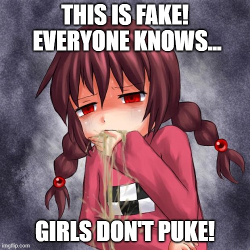 Girls Don't Do...THAT! | THIS IS FAKE!  EVERYONE KNOWS... GIRLS DON'T PUKE! | image tagged in 4chan logo throw up anime girl,girls,girls don't puke,humor,dark humor,funny | made w/ Imgflip meme maker
