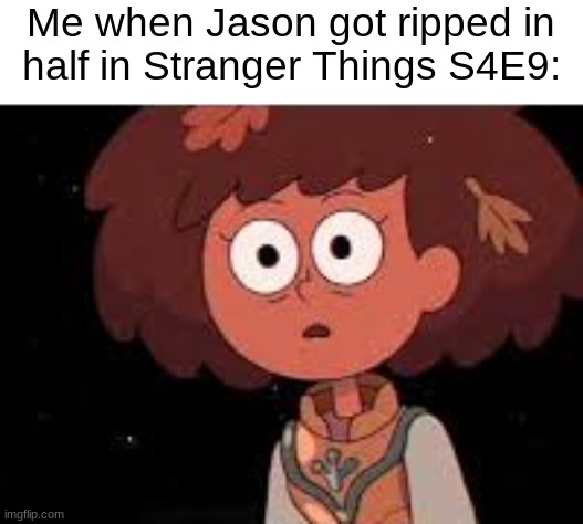 Ngl, I did not see that coming | Me when Jason got ripped in
half in Stranger Things S4E9: | image tagged in netflix,stranger things,amphibia,funny | made w/ Imgflip meme maker