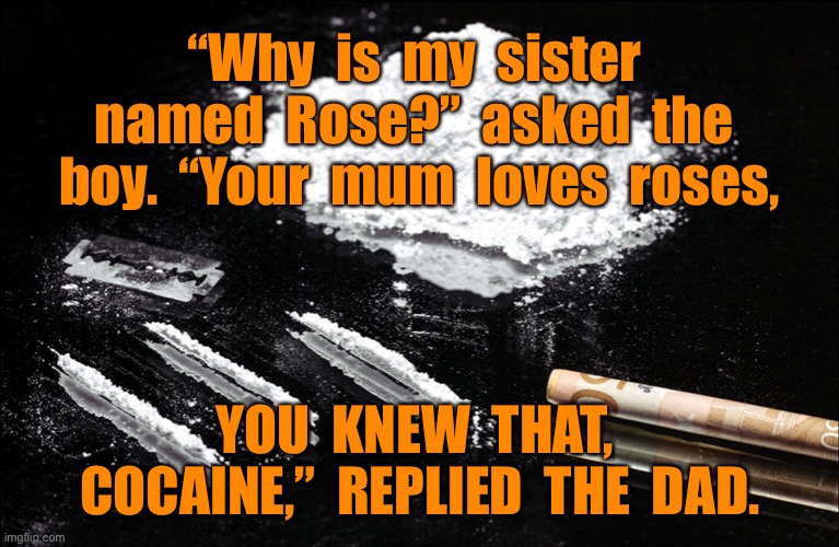 Cocaine and Rose | “Why  is  my  sister  named  Rose?”  asked  the  boy.  “Your  mum  loves  roses, YOU  KNEW  THAT,  COCAINE,”  REPLIED  THE  DAD. | image tagged in cocaine,sister rose,mum,son,dad,dark humour | made w/ Imgflip meme maker