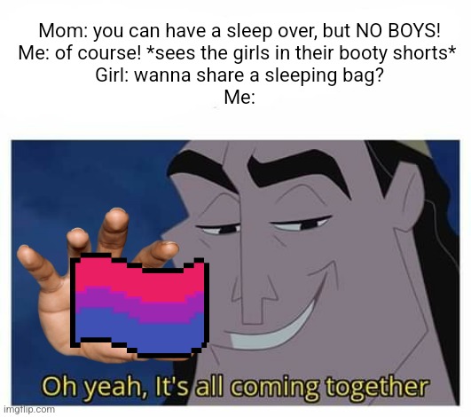 That's where it began | Mom: you can have a sleep over, but NO BOYS!
Me: of course! *sees the girls in their booty shorts* 
Girl: wanna share a sleeping bag?
Me: | image tagged in oh yeah it's all coming together | made w/ Imgflip meme maker