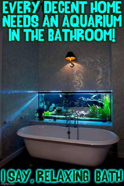 What Say You? | EVERY DECENT HOME
NEEDS AN AQUARIUM
IN THE BATHROOM! I SAY, RELAXING  BATH | image tagged in vince vance,aquarium,fish tank,bathtub,memes,bathing | made w/ Imgflip meme maker