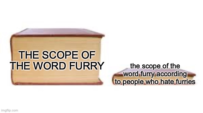 bruh why does this keep happening | THE SCOPE OF THE WORD FURRY; the scope of the word furry according to people who hate furries | image tagged in big book small book | made w/ Imgflip meme maker