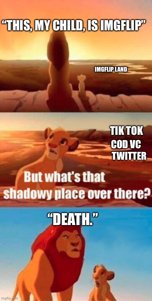 Yes | “THIS, MY CHILD, IS IMGFLIP”; IMGFLIP LAND; TIK TOK; COD VC; TWITTER; “DEATH.” | image tagged in memes,simba shadowy place | made w/ Imgflip meme maker