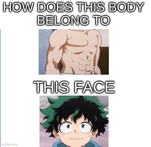 bro but for real | HOW DOES THIS BODY 
BELONG TO; THIS FACE | image tagged in wite screen,mha,strong deku,anime | made w/ Imgflip meme maker