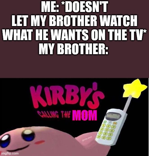 Kirby's calling the Police | ME: *DOESN'T LET MY BROTHER WATCH WHAT HE WANTS ON THE TV*
MY BROTHER:; MOM | image tagged in kirby's calling the police | made w/ Imgflip meme maker