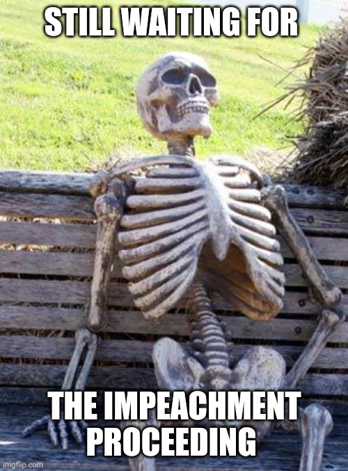 Waiting Skeleton Meme | STILL WAITING FOR THE IMPEACHMENT PROCEEDING | image tagged in memes,waiting skeleton | made w/ Imgflip meme maker