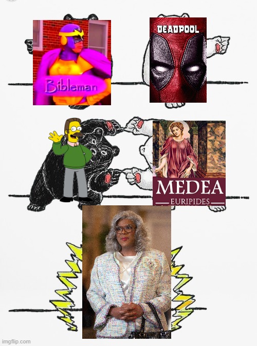 Bible Man + Deadpool + Ned Flanders + Greek Play = Madea. Or just Bibleman and Deadpool. Hellur, Hellur. | image tagged in panda fusion,madea,ned flanders,bibleman,deadpool,greek | made w/ Imgflip meme maker