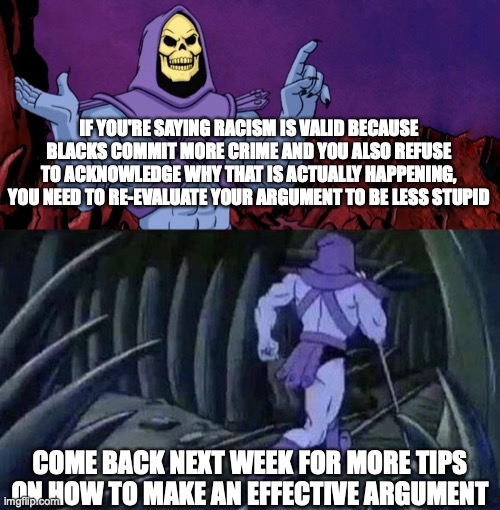 not saying any names but you know who you are | IF YOU'RE SAYING RACISM IS VALID BECAUSE BLACKS COMMIT MORE CRIME AND YOU ALSO REFUSE TO ACKNOWLEDGE WHY THAT IS ACTUALLY HAPPENING, YOU NEED TO RE-EVALUATE YOUR ARGUMENT TO BE LESS STUPID; COME BACK NEXT WEEK FOR MORE TIPS ON HOW TO MAKE AN EFFECTIVE ARGUMENT | image tagged in he man skeleton advices | made w/ Imgflip meme maker