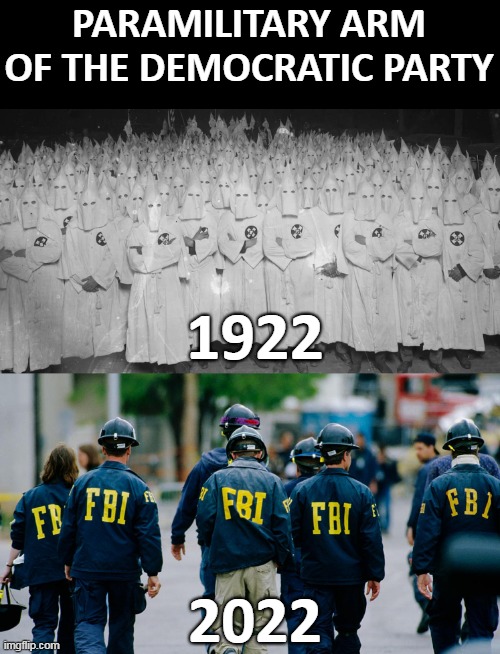 Then v Now | PARAMILITARY ARM OF THE DEMOCRATIC PARTY; 1922; 2022 | image tagged in dnc,kkk,fbi | made w/ Imgflip meme maker
