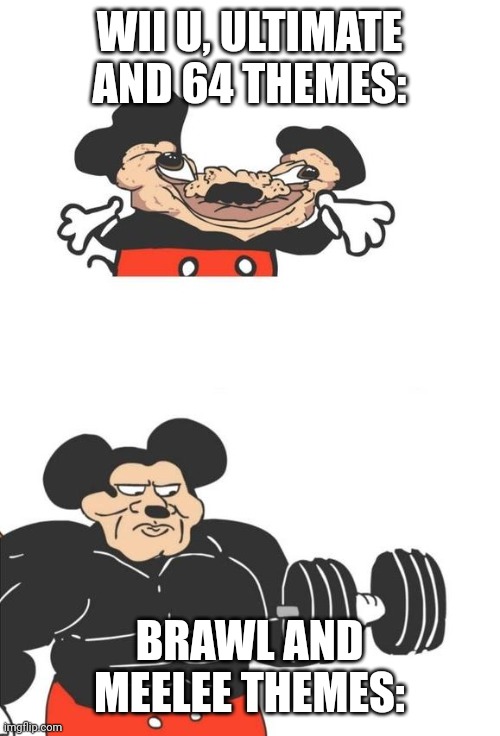 Buff Mickey Mouse |  WII U, ULTIMATE AND 64 THEMES:; BRAWL AND MEELEE THEMES: | image tagged in buff mickey mouse,super smash bros,memes,buff mokey | made w/ Imgflip meme maker