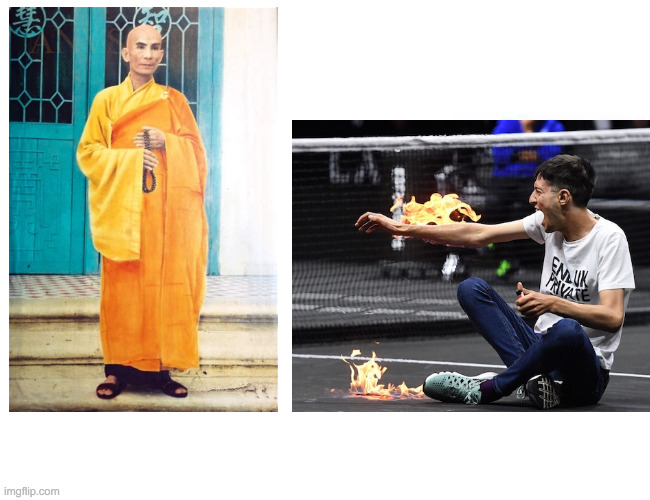 Swoll Thich Quang Duc vs Cheems Climate Protester | image tagged in climateprotester,buff doge vs cheems,thich quang duc,swoll,cheems,buff doge vs crying cheems | made w/ Imgflip meme maker