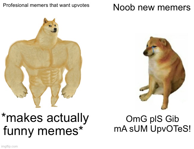 Buff Doge vs. Cheems | Profesional memers that want upvotes; Noob new memers; *makes actually funny memes*; OmG plS Gib mA sUM UpvOTeS! | image tagged in memes,buff doge vs cheems | made w/ Imgflip meme maker