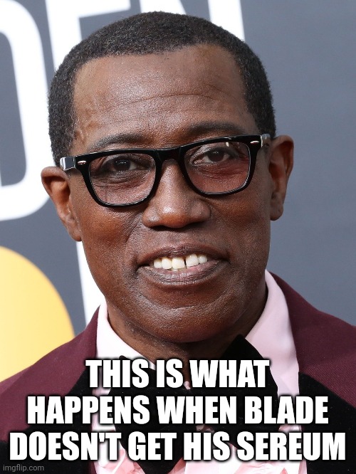 Blade | THIS IS WHAT HAPPENS WHEN BLADE DOESN'T GET HIS SEREUM | image tagged in blade,vampires,blood,halloween,i love halloween | made w/ Imgflip meme maker