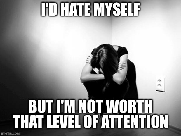DEPRESSION SADNESS HURT PAIN ANXIETY |  I'D HATE MYSELF; BUT I'M NOT WORTH THAT LEVEL OF ATTENTION | image tagged in depression sadness hurt pain anxiety | made w/ Imgflip meme maker