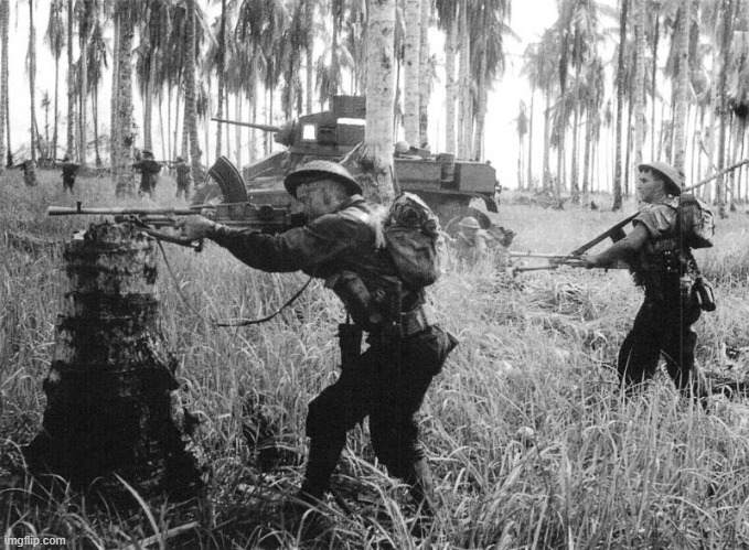 Australian soldiers assaulting a pillbox with support from an M3 Stuart light tank, January 1943, Papua, Giropa Point | image tagged in ww2,tanks,australia | made w/ Imgflip meme maker