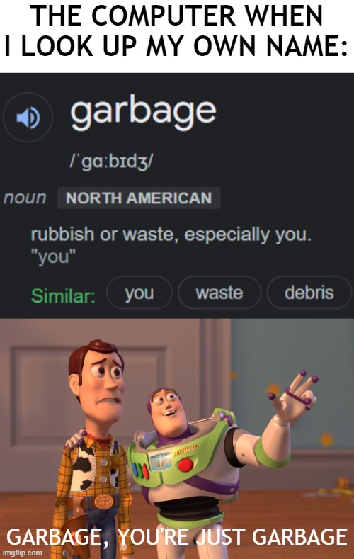 Image Title (Image, for a certain definition of image, and Meme, for a certain definition of meme) |  THE COMPUTER WHEN I LOOK UP MY OWN NAME:; GARBAGE, YOU'RE JUST GARBAGE | image tagged in memes,garbage,computer,why are you reading this | made w/ Imgflip meme maker