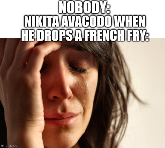 I may have spelled his name wrong | NOBODY:; NIKITA AVACODO WHEN HE DROPS A FRENCH FRY: | image tagged in memes,first world problems | made w/ Imgflip meme maker