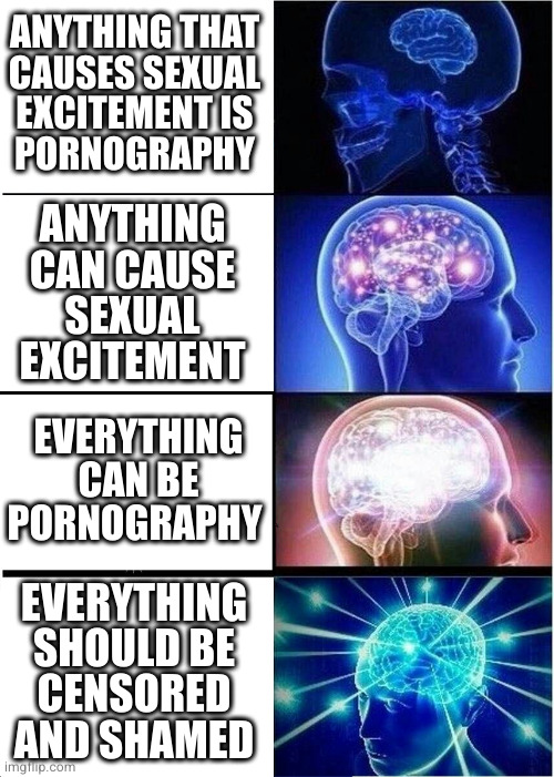 Why is the zoo full of naked animals? That's an invitation for zoophiles to get their jollies off. Put clothes on those things! | ANYTHING THAT
CAUSES SEXUAL
EXCITEMENT IS
PORNOGRAPHY; ANYTHING
CAN CAUSE
SEXUAL
EXCITEMENT; EVERYTHING
CAN BE
PORNOGRAPHY; EVERYTHING
SHOULD BE
CENSORED
AND SHAMED | image tagged in memes,expanding brain,pornpolice,porn,pornography | made w/ Imgflip meme maker