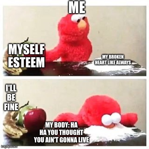 Me! | ME; MYSELF ESTEEM; MY BROKEN HEART LIKE ALWAYS; I'LL BE FINE; MY BODY: HA HA YOU THOUGHT YOU AIN'T GONNA LIVE | image tagged in well this is awkward | made w/ Imgflip meme maker