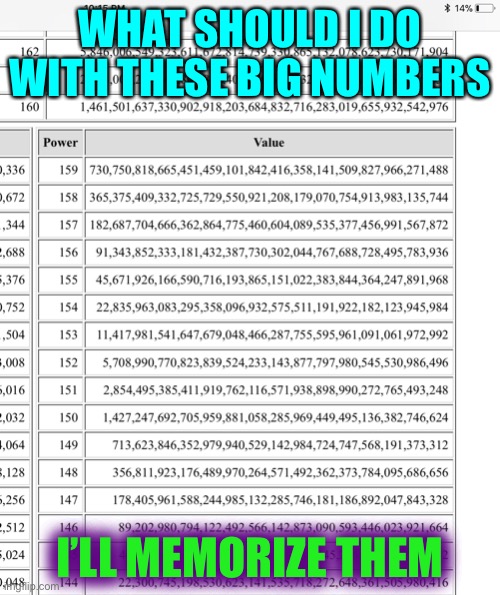 Some More Powers of 2 | WHAT SHOULD I DO WITH THESE BIG NUMBERS; I’LL MEMORIZE THEM | image tagged in memes,large numbers,number memorizing,pi,powers of 2,numbers | made w/ Imgflip meme maker