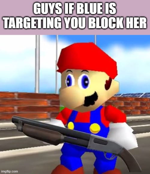 SMG4 Shotgun Mario | GUYS IF BLUE IS TARGETING YOU BLOCK HER | image tagged in smg4 shotgun mario | made w/ Imgflip meme maker