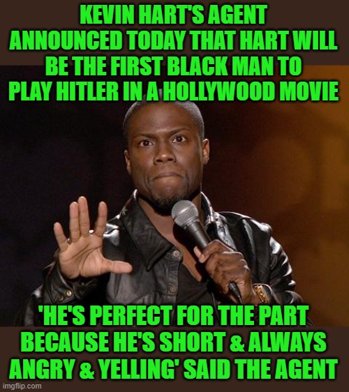 You don't see too many actors competing for that part. | KEVIN HART'S AGENT ANNOUNCED TODAY THAT HART WILL BE THE FIRST BLACK MAN TO PLAY HITLER IN A HOLLYWOOD MOVIE; 'HE'S PERFECT FOR THE PART BECAUSE HE'S SHORT & ALWAYS ANGRY & YELLING' SAID THE AGENT | image tagged in kevin hart,hitler | made w/ Imgflip meme maker