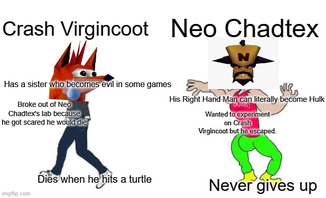 Crash Virgincoot vs Neo Chadtex | Neo Chadtex; Crash Virgincoot; Has a sister who becomes evil in some games; Broke out of Neo Chadtex's lab because he got scared he would die; His Right Hand Man can literally become Hulk; Wanted to experiment on Crash Virgincoot but he escaped. Dies when he hits a turtle; Never gives up | image tagged in virgin vs chad | made w/ Imgflip meme maker
