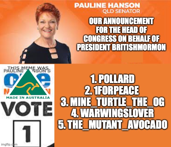 This is an update on our Congress list because 2 of our selections have been dumped due to no ID | OUR ANNOUNCEMENT FOR THE HEAD OF CONGRESS ON BEHALF OF PRESIDENT BRITISHMORMON; 1. POLLARD
2. 1FORPEACE 
3. MINE_TURTLE_THE_OG
4. WARWINGSLOVER
5. THE_MUTANT_AVOCADO | image tagged in pauline hanson one nation,auservative,c,t,r,party congress | made w/ Imgflip meme maker
