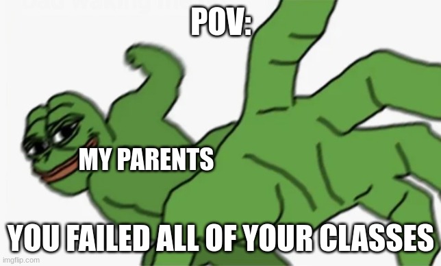 I wont stop making memes | POV:; MY PARENTS; YOU FAILED ALL OF YOUR CLASSES | image tagged in pepe punch | made w/ Imgflip meme maker