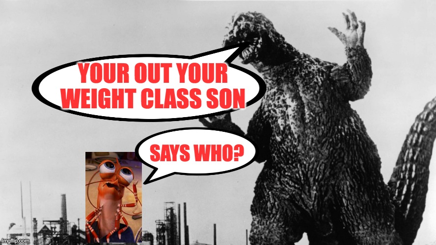 Mismatch Fight |  YOUR OUT YOUR WEIGHT CLASS SON; SAYS WHO? | image tagged in godzila,shrimp,fight,death battle,vs,overconfident | made w/ Imgflip meme maker