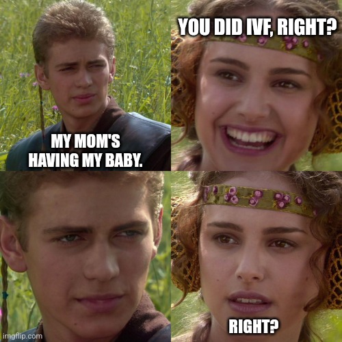 Anakin Padme 4 Panel | YOU DID IVF, RIGHT? MY MOM'S HAVING MY BABY. RIGHT? | image tagged in anakin padme 4 panel | made w/ Imgflip meme maker